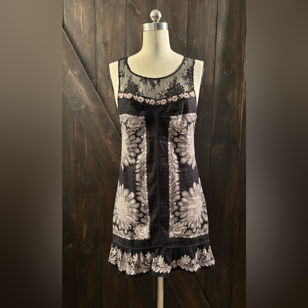 Free People Black and Ivory Floral Dress With Lace Bodice and Sequin Detailing
